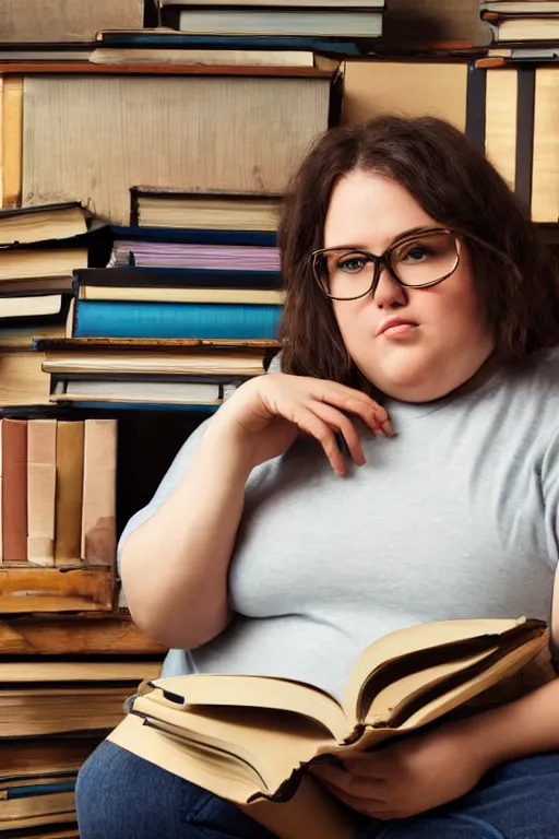 Prompt: a chubby woman with light brown hair and glasses sits cross legged on top of a tall pile of books. she is reading. clean pretty cartoon painting, beautiful detailed face.