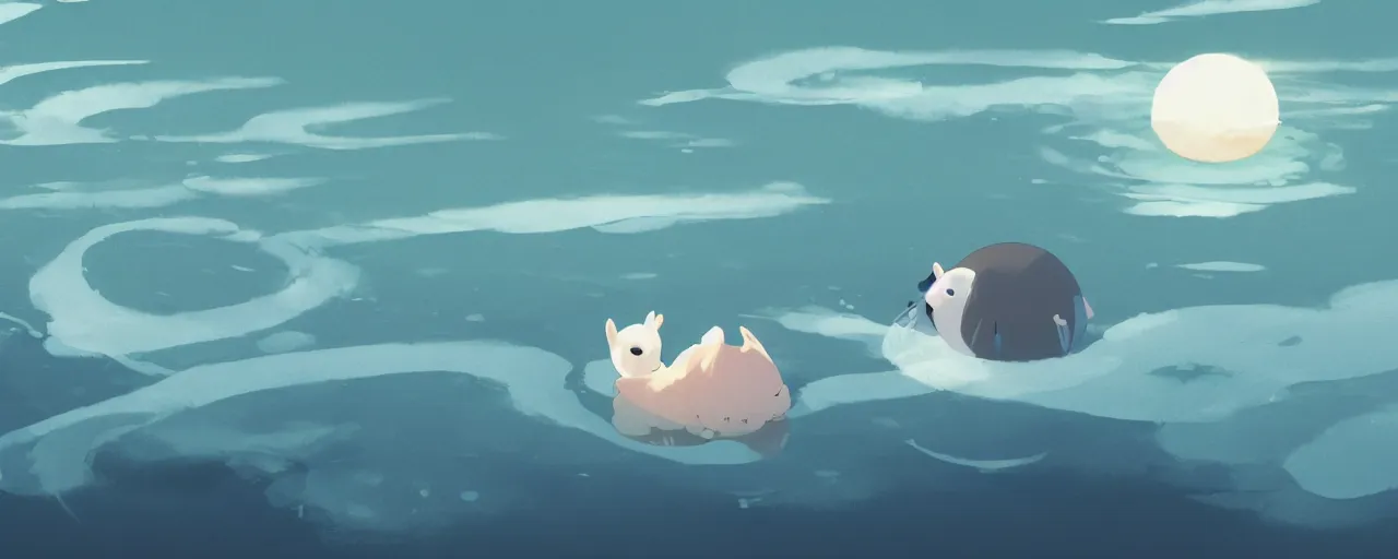 Image similar to a baby harp seal swimming in a tropical river, atey ghailan, goro fujita, studio ghibli, rim light, bright lighting, clear focus, very coherent