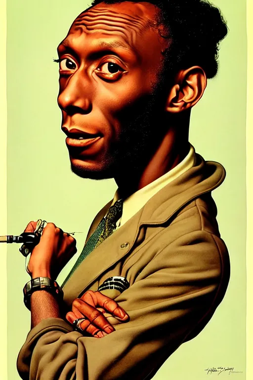 Prompt: mos def portrait by gil elvgren and norman rockwell and rob gonsalves and hajime sorayama, hyperrealistic, high detail, ultra detailed, highly detailed face, ruffled fabric