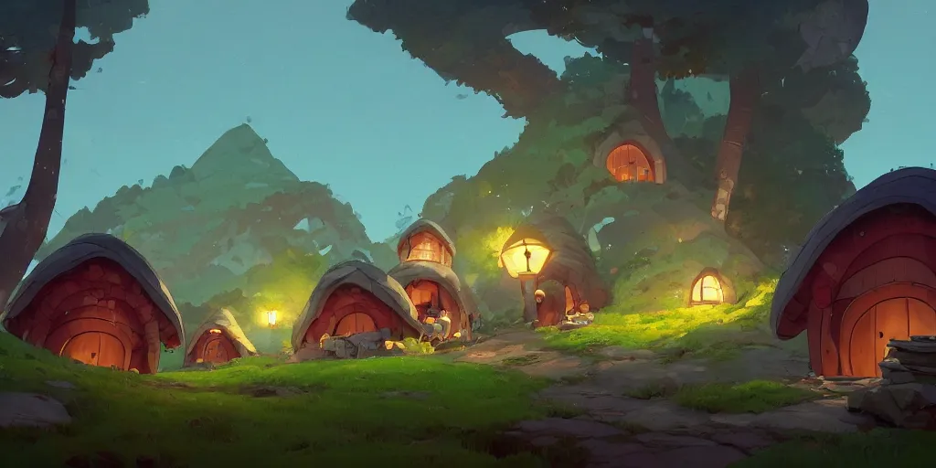 Prompt: small hobbit mushroom houses, red, by cory loftis & akihiko yoshida & james gilleard & atey ghailan & makoto shinkai & goro fujita & studio ghibli, rim light, exquisite lighting, clear focus, magic atmosphere, lights, night, very coherent, plain background, soft painting, photorealistic, unreal engine 5, 4 k