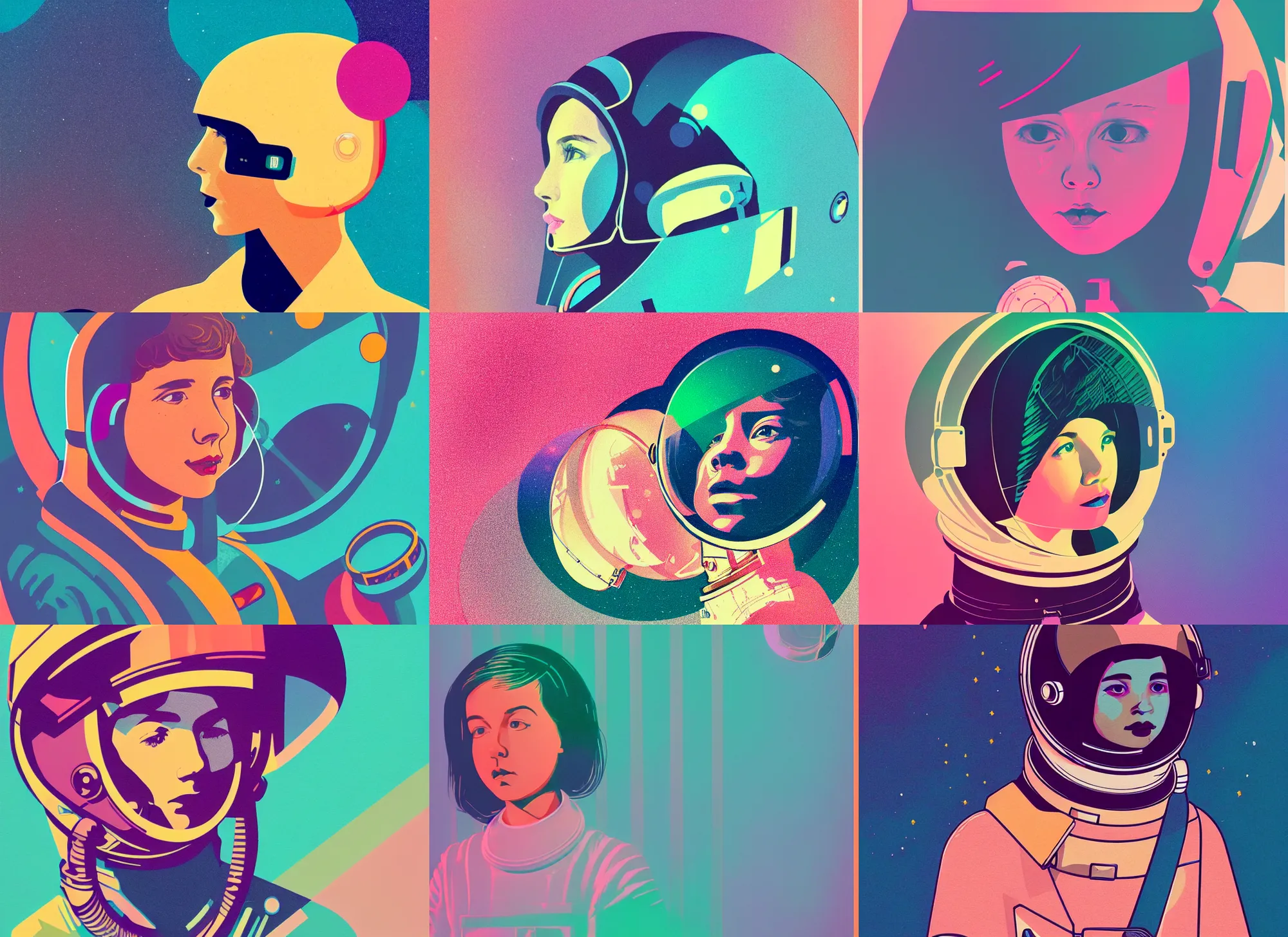 Prompt: ( ( strong dither ) ), editorial illustration portrait of a young astronaut girl, colorful modern, art nouveau, fine texture, dynamic composition, detailed, matte print, dynamic perspective, muted color, lomography, ( ( risograph ) ), muted colors