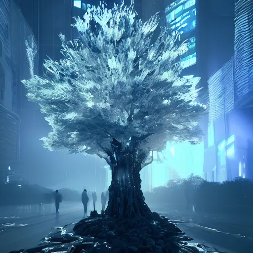 Image similar to crystal tree splash cyberpunk, extremely gloomy lighting, shining light and shadow, atmospheric, cinematic, unreal Engine, trending artstation hyperdetailed 8K