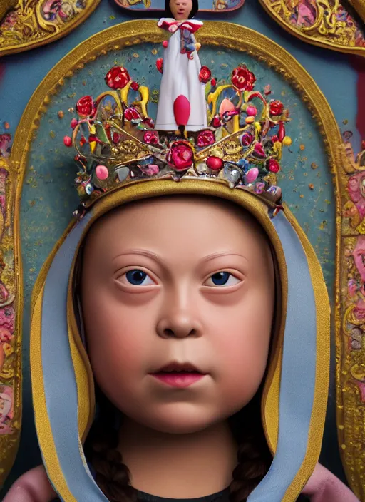 Prompt: closeup face profile portrait of tin toy greta thunberg as a nun princess wearing a crown eating cakes, bikini, depth of field, zeiss lens, detailed, symmetrical, centered, fashion photoshoot, by nicoletta ceccoli, mark ryden, lostfish, breathtaking, 8 k resolution, extremely detailed, beautiful, establishing shot, artistic, hyperrealistic, octane render