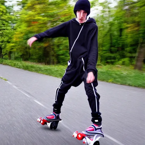 Prompt: teenager with hoddie rollerblading away at hyperspeed, animatrix, anime matrix