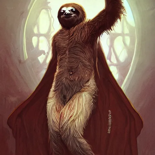 Image similar to unholy sloth, animal sloth, anthropomorphic sloth, demon, demonic robes, dirty matted fur, evil, horror, ultra details, art by artgerm, dwayne barlowe, trending on artstation and greg rutkowski and alphonse mucha, 8 k