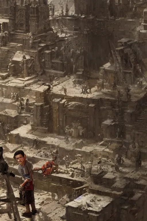 Image similar to an ancient Aztec!!! boy fixing his Aztec!! robot!, part by Craig Mullins, part by Greg Rutkowski , part by Mattias Adolfsson, volumetric lighting!!, oil on canvas