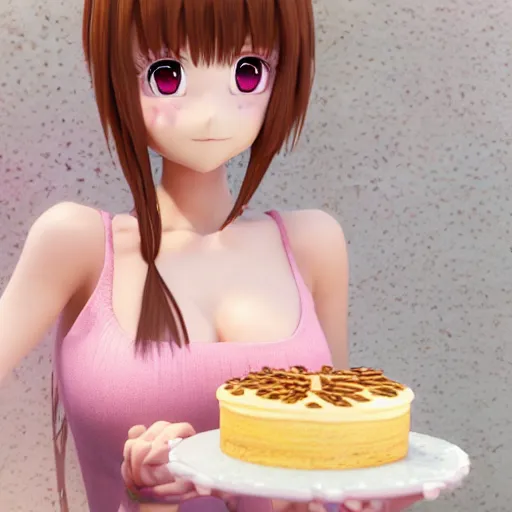 Image similar to Render of a beautiful 3d anime woman holding a birthday cake to show the camera, long light pink hair, full bangs, hazel eyes, cute freckles, full round face, smug smile, Chinese heritage, cute checkerboard sundress, golden hour, serene beach setting, medium shot, mid-shot, hyperdetailed, trending on Artstation, Unreal Engine 4k