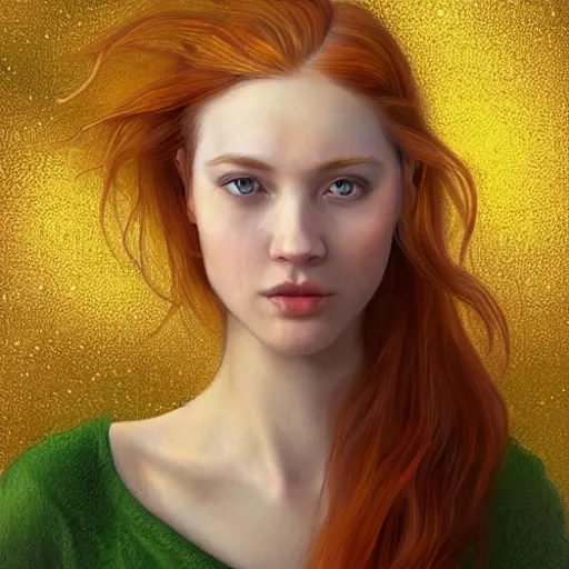 Image similar to a highly detailed, hyper realistic, full body gorgeous portrait of a red haired young woman, surrounded by the like of golden fireflies, long hair, green eyes, hint of freckles, round gentle face, cheeky smile, romantic, deep focus, elegant, digital painting, smooth, sharp, golden ratio, illustration, art by artgerm and caravaggio