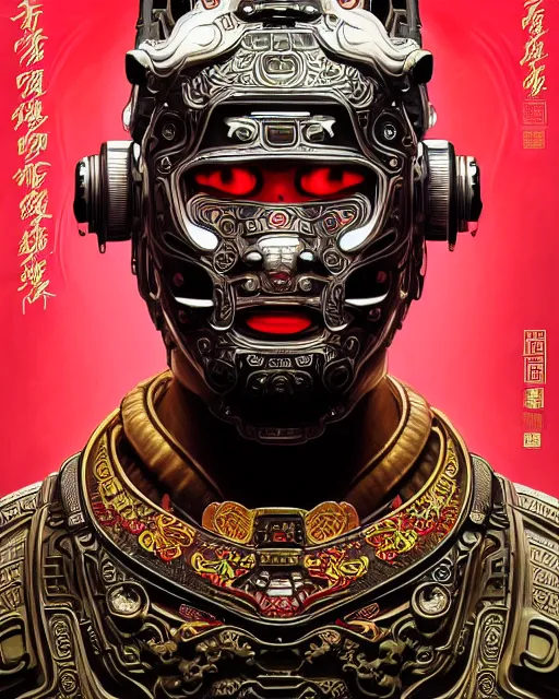 Image similar to portrait of a chinese masculine male cyberpunk machine, machine face, upper half portrait, decorated with chinese opera motifs, muscular, asian, fine china, wuxia, traditional chinese art intricate intense elegant 京 剧 highly detailed symmetry headpiece digital painting artstation concept art smooth sharp focus illustration, art by artgerm and greg rutkowski alphonse mucha 8 k