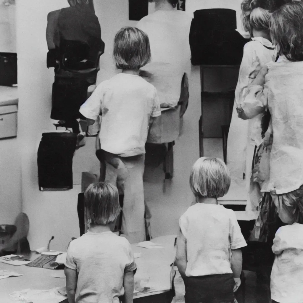 Prompt: A blond child from behind is standing in front of a female speech therapist with short black hair, ultra detailed, photography 1973, Kodak