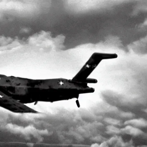Image similar to combat drone strike war footage, black and white, high contrast, green overlay, nuclear cloud