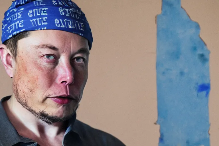 Image similar to medium full shot of elon musk as a gang member wearing a blue head covering made from a polyester or nylon material and a stained white tank top caught doing crack inside a detroit gang trap house, arms covered in gang tattoo, paparazzi, leaked footage, uncomfortable, bad quality