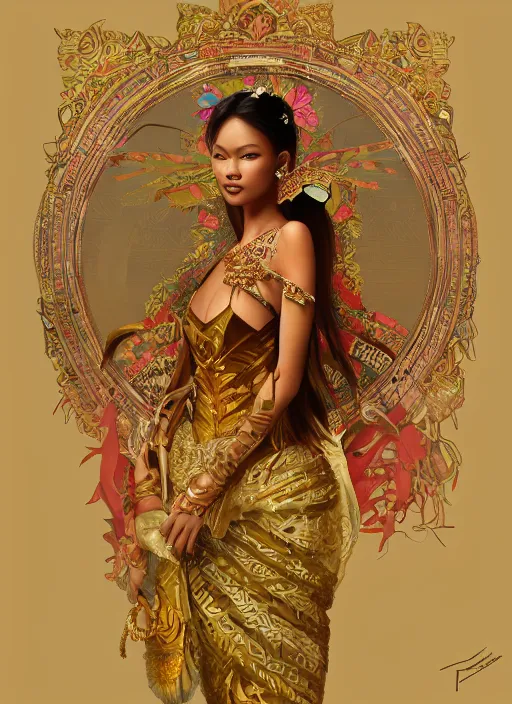 Image similar to portrait of an indonesian supermodels wearing traditional costume, highly detailed, digital painting, artstation, concept art, sharp focus, illustration, art by kittichai rueangchaichan and james gurney and alphonse mucha