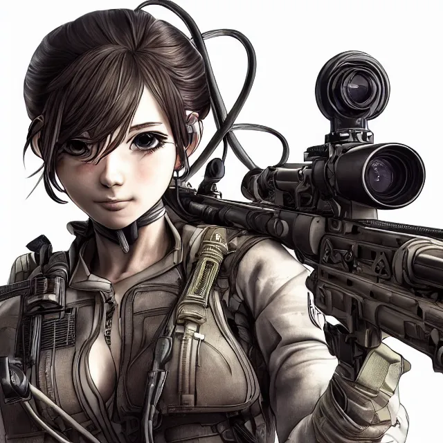 Image similar to the photorealistic portrait of lawful neutral female futuristic marine sniper as absurdly beautiful, gorgeous, elegant, young anime gravure idol, an ultrafine hyperdetailed illustration by kim jung gi, irakli nadar, intricate linework, bright colors, octopath traveler, final fantasy, unreal engine 5 highly rendered, global illumination, radiant light, detailed and intricate environment