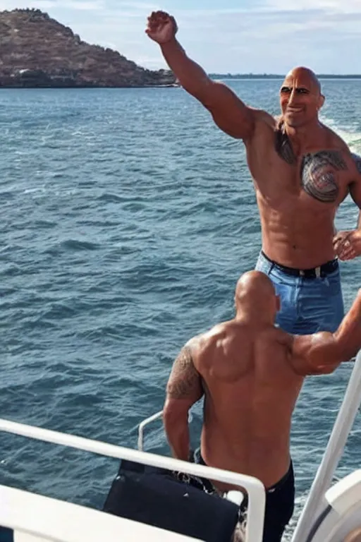 Image similar to dwayne johnson waving to his fans while leaving the united states using a luxurious yacht