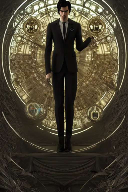 Image similar to ultra realistic, thin man in expensive stylish modern suit, black hair, occult jewelry, fantasy, intricate details, eerie, highly detailed, octane render, 8 k, art by artgerm and alphonse mucha and greg rutkowski