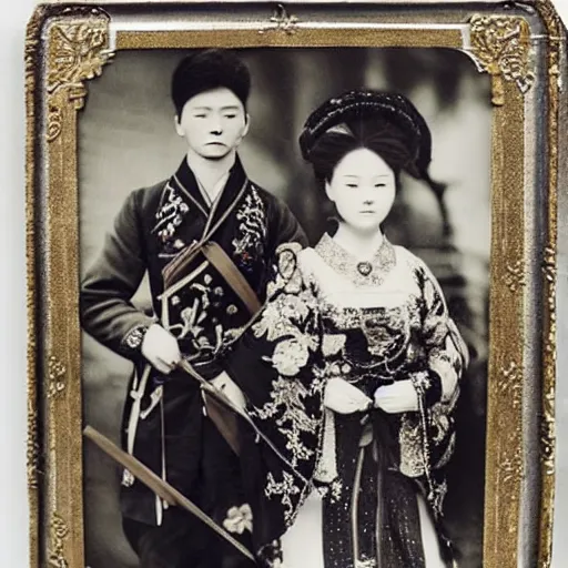 Prompt: A Russian and Japanese mix 1900s historical fantasy photograph of an empress bridal ensemble featured inside of a museum.