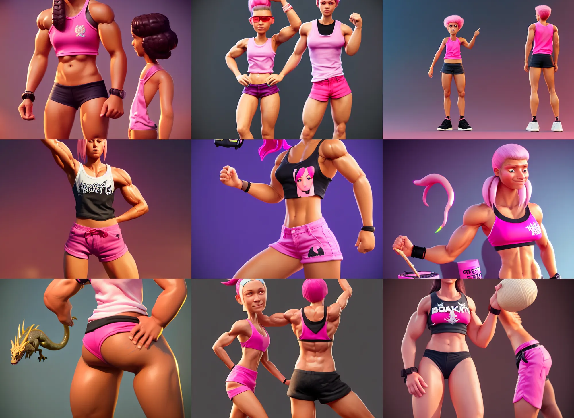 Prompt: beautiful portrait of a muscular tan female human with black dragon legs dragon wearing pink booty shorts and a gamer tanktop. character design by rj palmer. detailed, soft lighting, rendered in octane