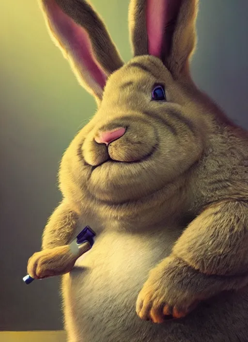 Image similar to hyper realistic, portrait of a derpy big chungus, with bunny rabbit ears, very fuzzy, furry, smoking weed, big smile, buck teeth, bright balanced lighting, by greg rutkowski, scott m fischer, artgerm, loish, slight glow, atmospheric, anne stokes, alexandros pyromallis, 4 k, 8 k