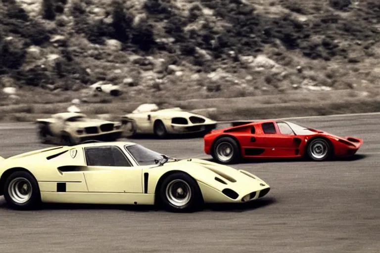 Image similar to vintage archival race footage of a single 1965 Ferrari F40, with elements of the De Tomaso Pantera, Lotus, GT40, BMW M1, and Countach, movie still, speed, cinematic Eastman 5384 film