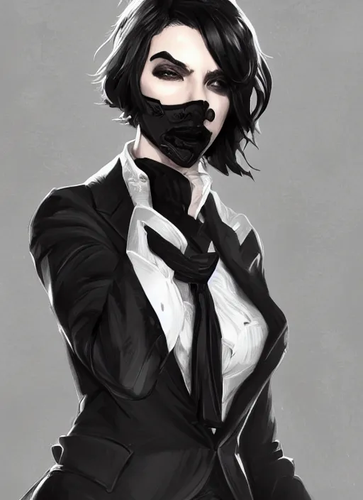 Prompt: a highly detailed illustration of beautiful short black messy haired woman wearing eyepatch on one eye and noir style suit and tie, dramatic smiling pose, intricate, elegant, highly detailed, centered, digital painting, artstation, concept art, smooth, sharp focus, league of legends concept art, WLOP