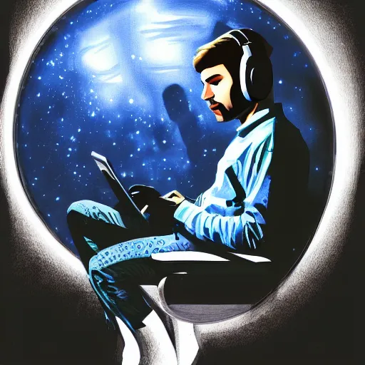 Prompt: long shot of male wearing headphones sitting in space, calm, soothing, relaxed, cosy, quiet, elegant, digital painting, realism, cyberpunk art, acrylic on canvas,