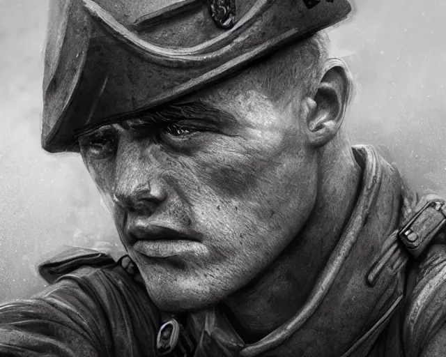 Image similar to A soldier aiming a gun, face in despair, world war 1, close-up, realistic face, beautiful face detail, mature facial features, black and white, amazing digital art, hyper detailed, artstation, in the style of Tony Sart