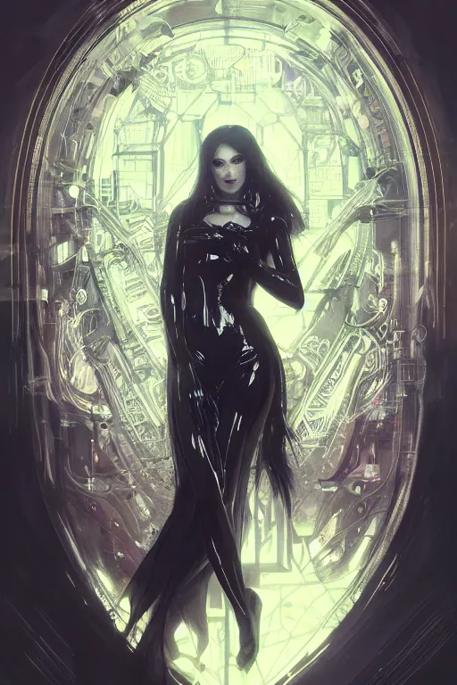 Prompt: Portrait of beautiful pale cyberpunk gothic girl in black latex, neon lighting, intricate, elegant, highly detailed, digital painting, artstation, concept art, smooth, sharp focus, illustration, art by artgerm and greg rutkowski and alphonse mucha