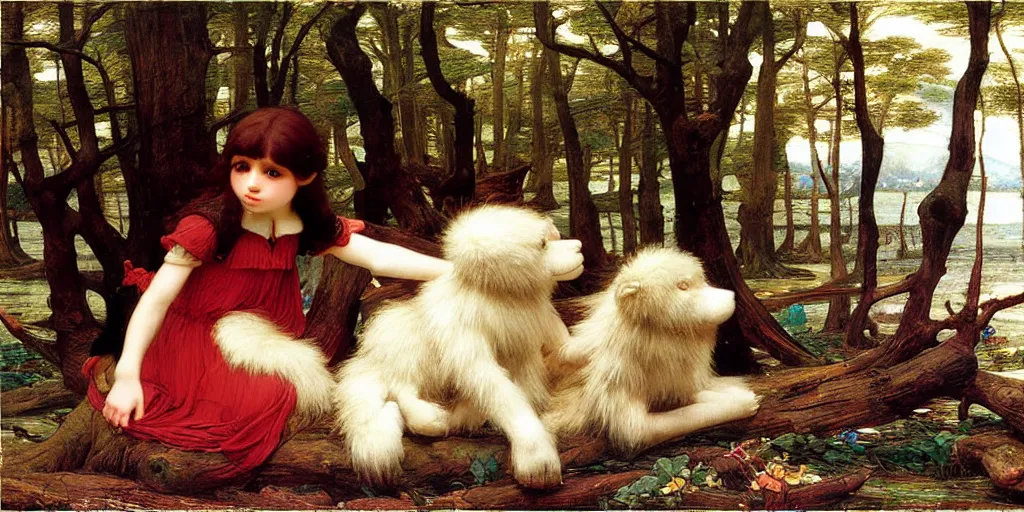 Prompt: 3 d precious moments plush animal, realistic fur, dead trees, master painter and art style of john william waterhouse and caspar david friedrich and philipp otto runge