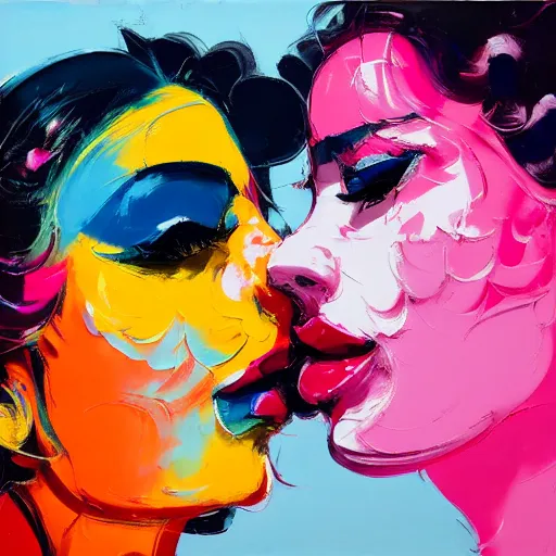 Prompt: a portrait of two beautiful 3 0 year old women kissing by francoise nielly
