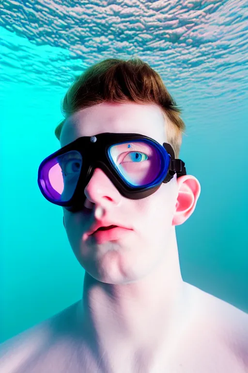 Image similar to high quality pastel coloured film mid angle portrait photograph of a beautiful young 2 0 year old male, soft features, short hair, rubber goggles and oversized inflated clothing!!!! icelandic black! rock pool environment. atmospheric three point light. photographic. art directed. ( pastel colours ). volumetric. clearcoat. waves. 8 k. filmic.