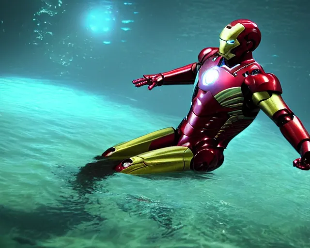 Image similar to iron man submerged under water, cinematic, photoreal, by red dead redemption 2