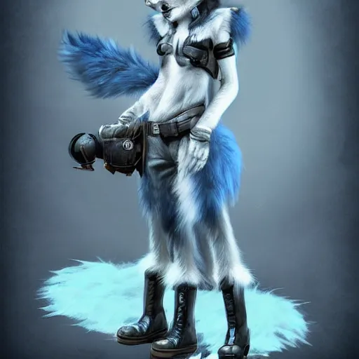 Prompt: dieselpunk furry blue wolf with fluffy tail, fantasy, artstation