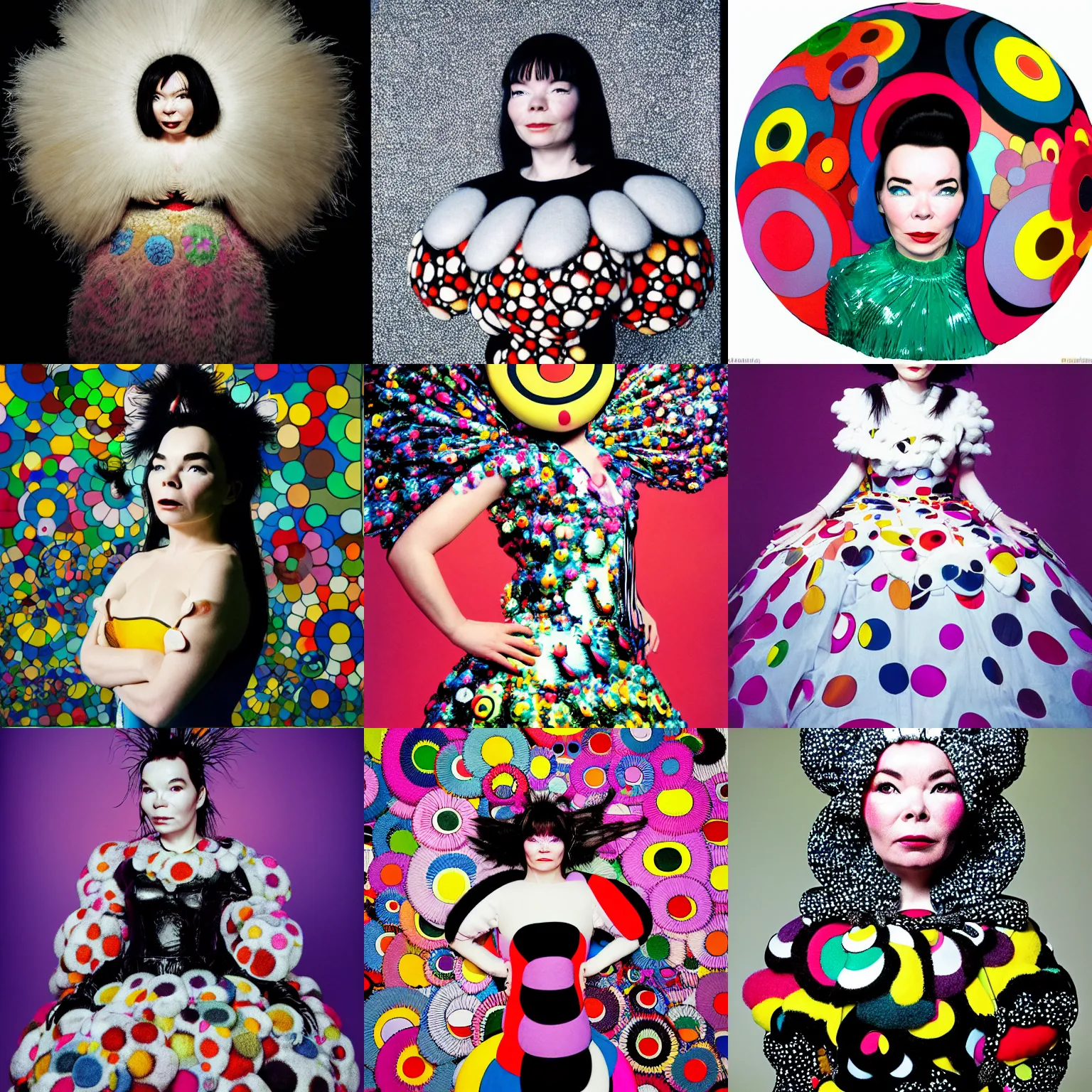 Prompt: professional photo shoot portrait of bjork in the style of takashi murakami superflat, puffy felt dress, surrealism, 1 9 9 6, three point lighting bjork