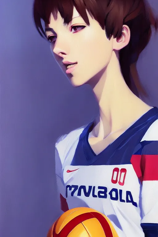 Image similar to A ultradetailed beautiful panting of a stylish woman wearing a volleyball jersey, Oil painting, by Ilya Kuvshinov, Greg Rutkowski and Makoto Shinkai