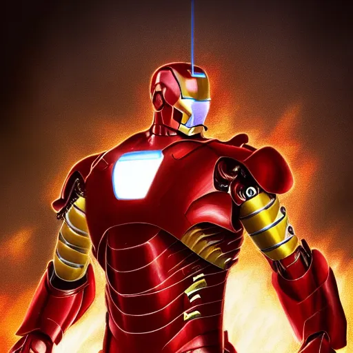 Prompt: a portrait of iron man on in his biggest form fighting the underworld monsters the background is all fire the monsters are human form digital art
