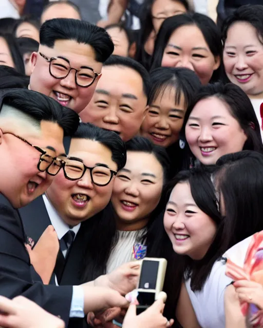 Image similar to phone photo of excited fans taking picture with Kim Jong-Un at a exclusive backstage meet and greet, realistic, 4k, 8k