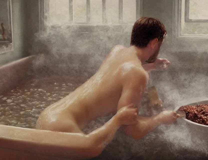 Prompt: jerma 9 8 5 cooking mince meat in a bath tub, back view, cottage core, cinematic focus, polaroid photo bleached vintage pastel colors high - key lighting, soft lights, foggy, by steve hanks, by lisa yuskavage, by serov valentin, by tarkovsky, 8 k render, detailed, oil on canvas