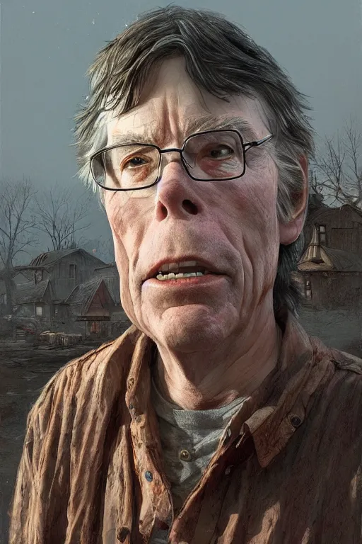 Image similar to Portrait of stephen king as hillbilly, shotgun, village, intricate, highly detailed, smooth, artstation, digital illustration by Ruan Jia and Mandy Jurgens and Artgerm and Wayne Barlowe and Greg Rutkowski and Zdislav Beksinski