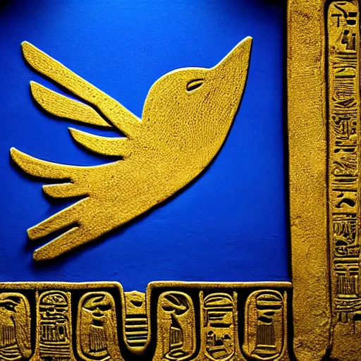 Image similar to Ancient egyptian version of the Twitter logo, hieroglyphic, blue bird, inspired by Horus, Egyptian, very dramatic, moody lighting, UHD, beautiful, ultra realistic, epic, 8k render, Octane render