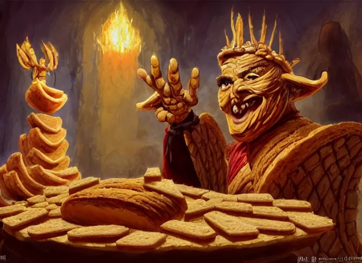 Image similar to a character made entirely out of bread giving a speech at a podium and wearing royal clothing, by marco bucci and frank frazetta, magic : the gathering fantasy concept art, high resolution. there is an audience of bread - people - hybrids in the background, fantasy coloring, intricate, digital painting, artstation, smooth, sharp focus