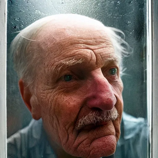 Prompt: the face of an old man through a steamed up glass window, beautiful lighting, high depth, ultra realistic, artistic, by annie leibovitz