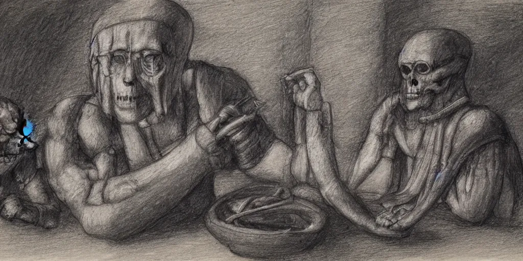 Image similar to Charcoal pencil portrait of a Roman emperor sharing dinner with a mummified skeleton, sketchbook, Leonardo da Vinci