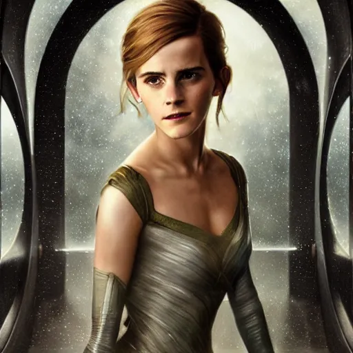 Prompt: a highly detailed matte portrait of emma watson dressed as seven of nine running through a thunderstorm, scifi by star trek, unreal engine, volumetric lighting, exquisite detail, 8 k, art by greg rutkowski and alphonse mucha