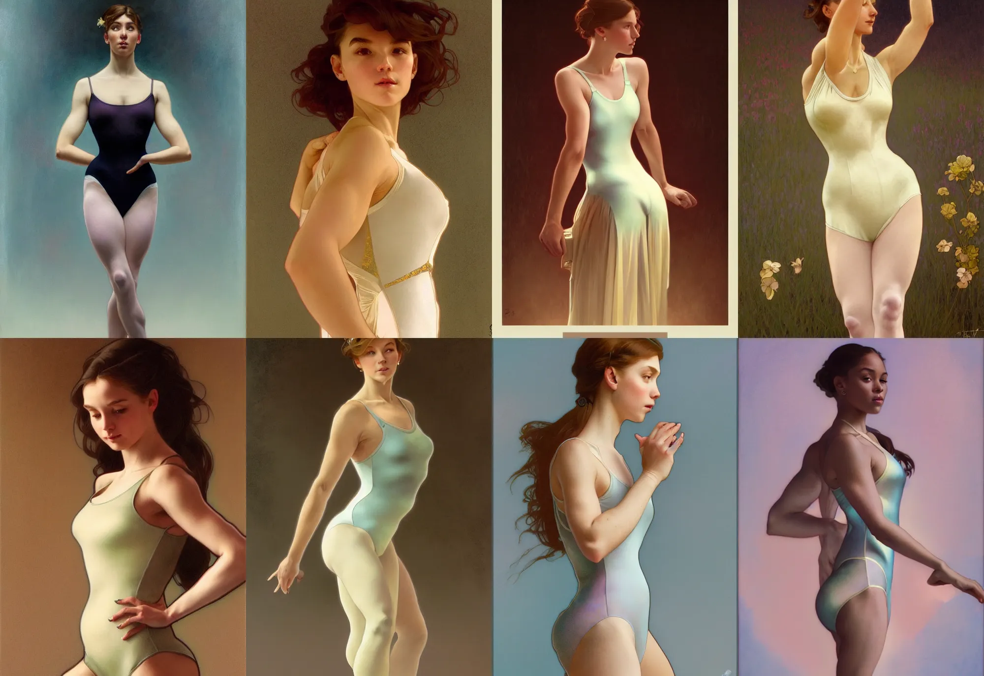 Prompt: full body portrait of brianna amor in elegant leotard portrait by artgerm and greg rutkowski and alphonse mucha, trending on artstation, cinematic light, pastel colors, volumetric shading, high radiosity dull skin, global illumination, radiant light, soft light, soft color dodge, subsurface scattering