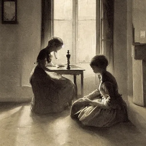 Image similar to two young edwardian women playing chess by a window at night, a beach reflecting moonlight is visible in the background, in the style of anders zorn