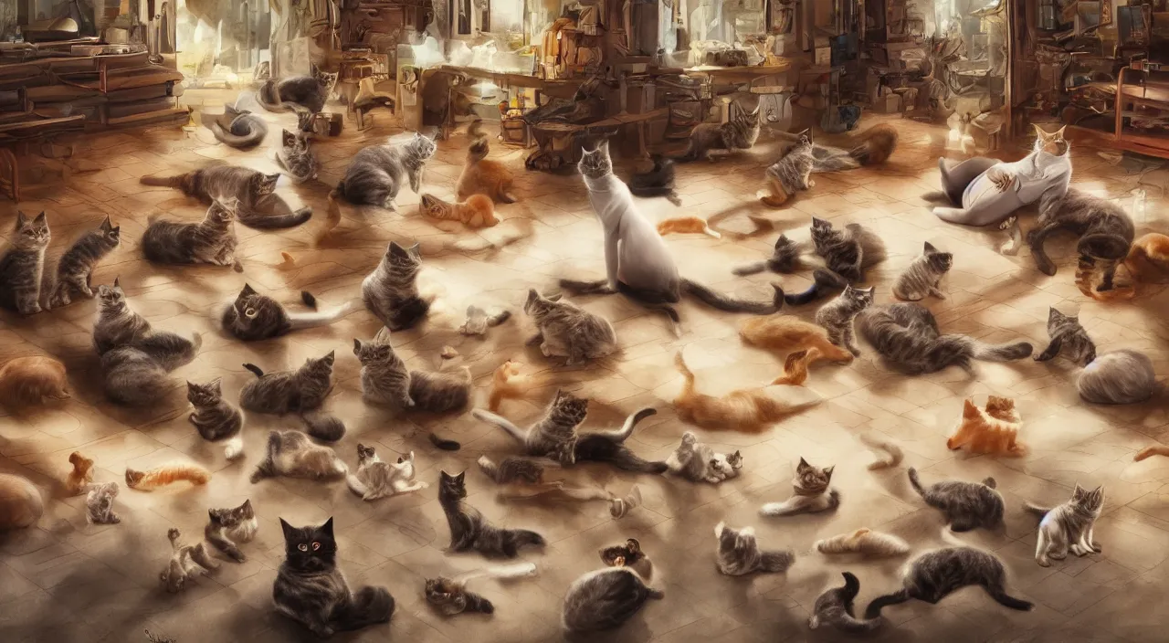 Image similar to a matte painting of a cat lady laying on a floor surrounded by 20 cats by Frank Lloyd Wright and Zaha Hadid torch volume light stylized illustration digital airbrush painting, 3d rim light, hyperrealistic masterpiece, artstation, cgsociety, kodakchrome, golden ratio