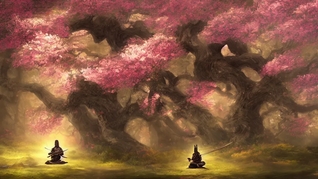 Image similar to beautiful painting of an armoured samurai meditating under a blossom tree, realistic, digital painting, concept art, matte painting, cinematic night lighting, 8 k, highly detailed, detailed terrain