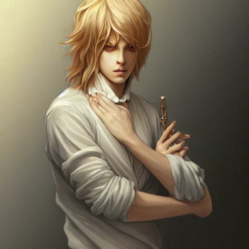 Prompt: Lucius the delicate androgynous pale blond prince league of legends on his day off, white poet shirt, long fluffy curly blond hair, highly detailed, digital painting, artstation, concept art, smooth, sharp focus, illustration, ArtStation, art by artgerm and greg rutkowski and alphonse mucha and Edmund Blair Leighton and Charlie Bowater