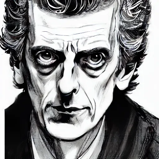 Prompt: Peter Capaldi with a bloodthirsty expression in a scene from Berserk, artstation, concept art, sharp focus, illustration in pen an ink, extremely detailed, extremely complex, black and white, art by  Makoto Yukimura